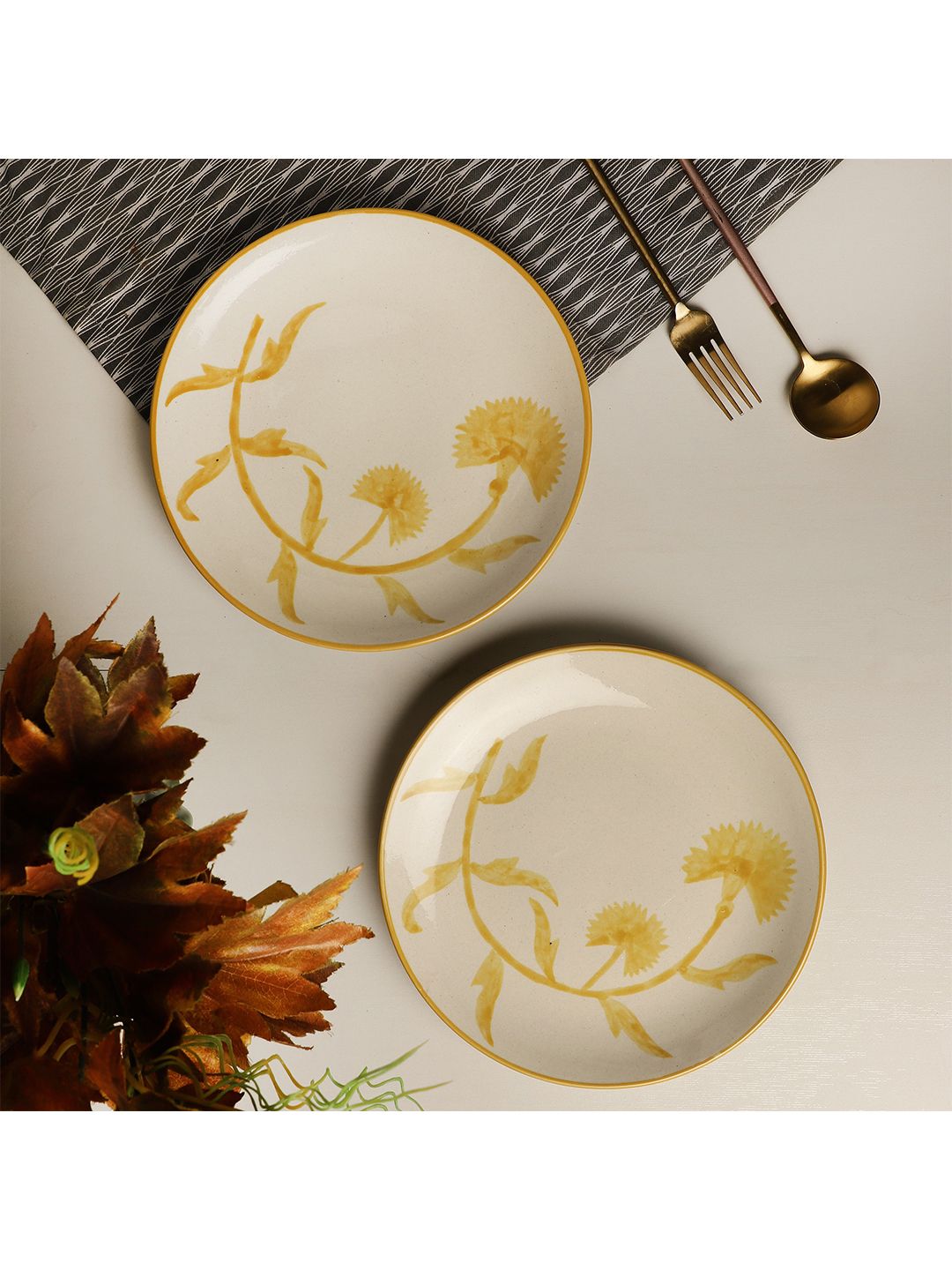 The Decor Mart Yellow & Cream-Coloured 2 Pieces 270 ml Printed Ceramic Glossy Plates Price in India