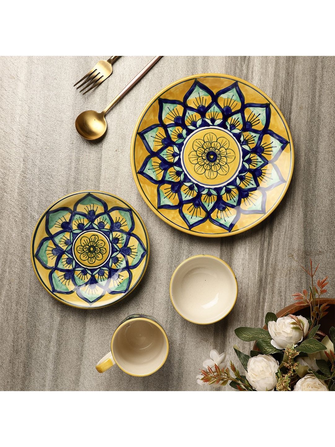 The Decor Mart Yellow & Navy Blue 4 Pieces 300 Gram Printed Ceramic Glossy Dinner Set Price in India