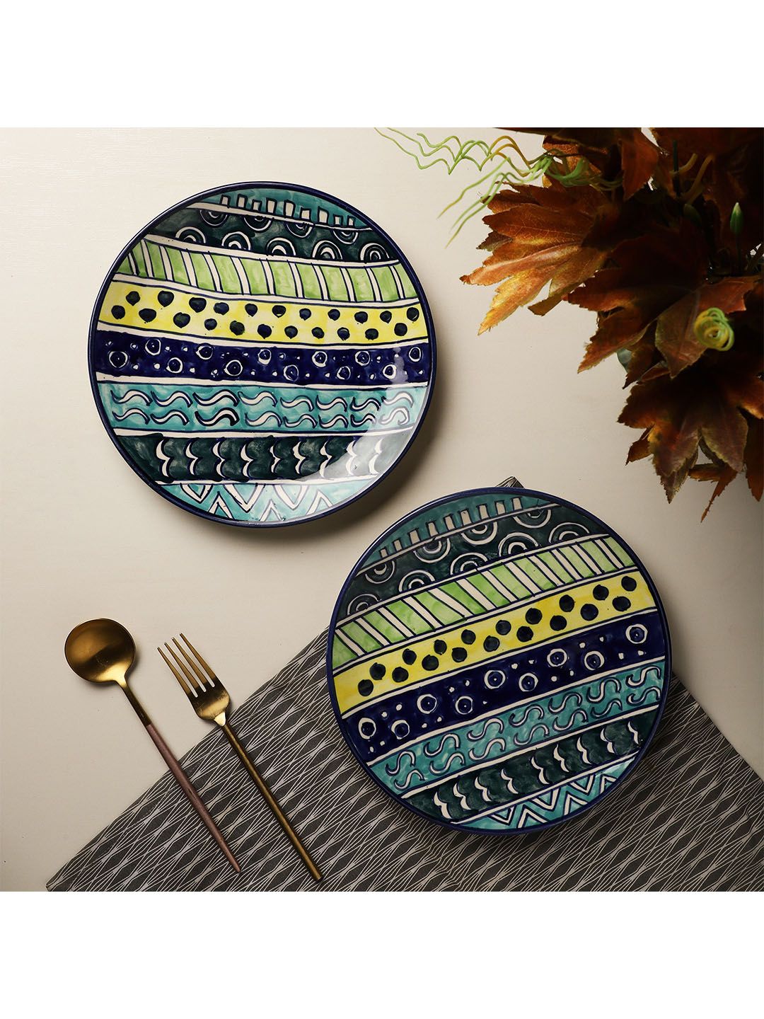 The Decor Mart Blue & Yellow 2 Pieces 814 Gram Hand Painted Printed Ceramic Glossy Plates Price in India