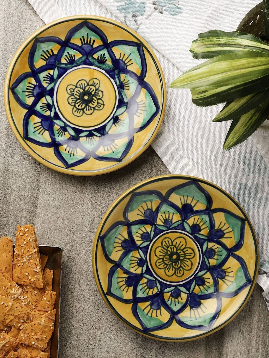 The Decor Mart Yellow & Green 2 Pieces 800 Gram Hand Painted Printed Ceramic Glossy Plates Price in India
