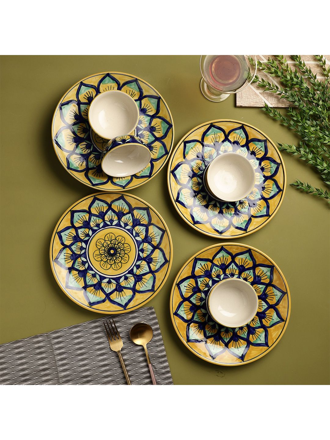 The Decor Mart Yellow & Blue 8 330 Gram Pieces Printed Ceramic Glossy Dinner Set Price in India