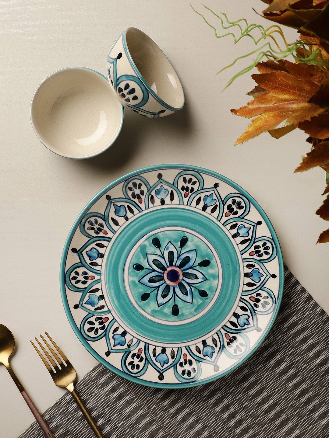 The Decor Mart Turquoise Blue & Cream-Coloured 3 Pieces Hand Painted Printed Ceramic Glossy Dinner Set Price in India