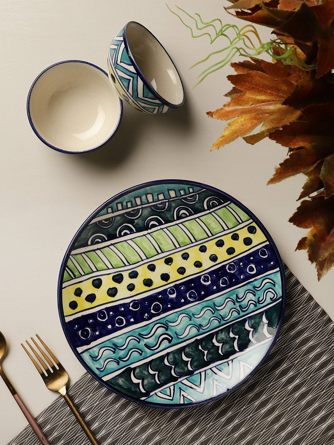 The Decor Mart Yellow & Green 3 Pieces Hand Painted Printed Ceramic Glossy Dinner Set Price in India