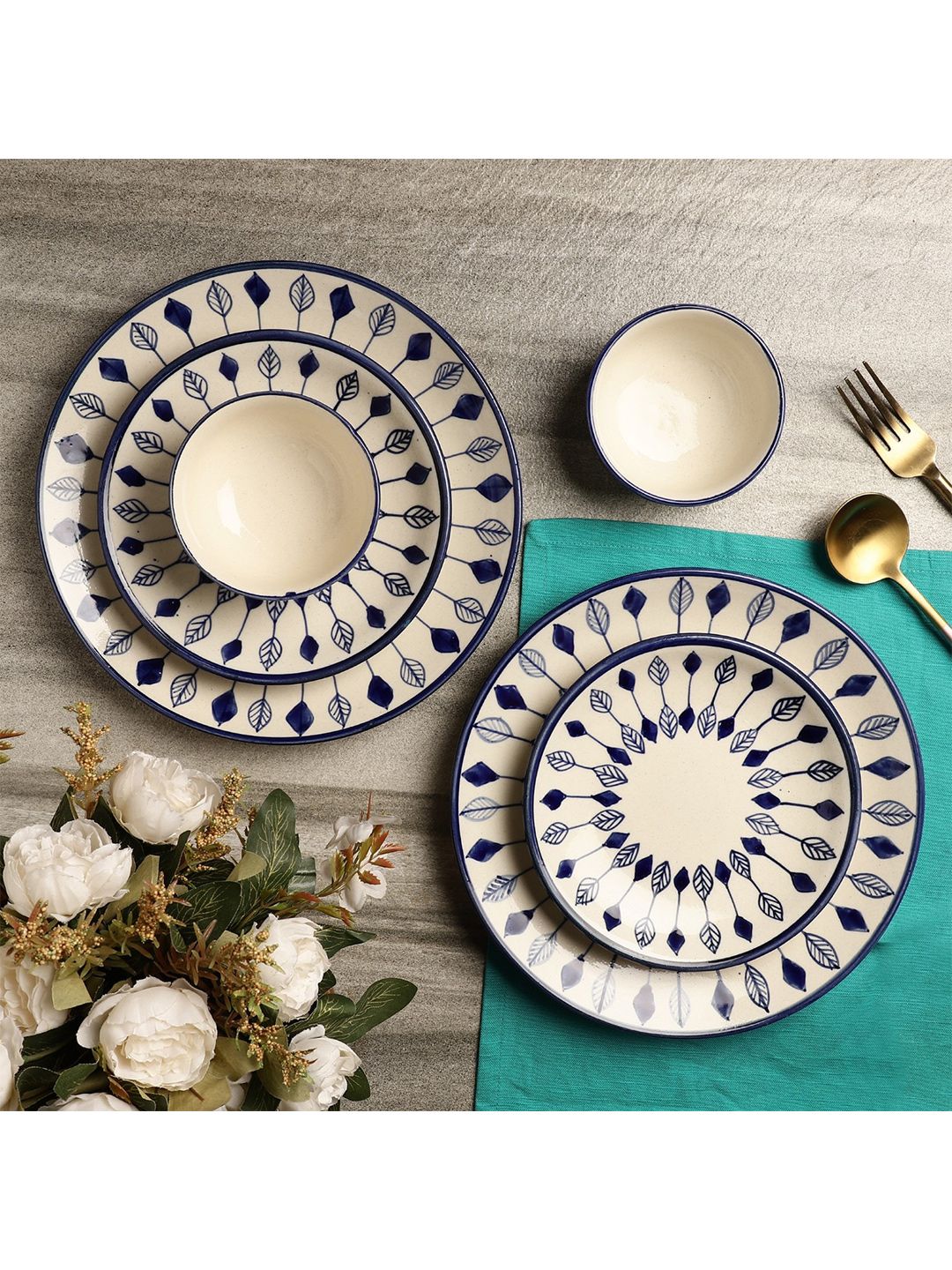 The Decor Mart White & Blue 6 Pieces Hand Painted Printed Ceramic Glossy Dinner Set Price in India