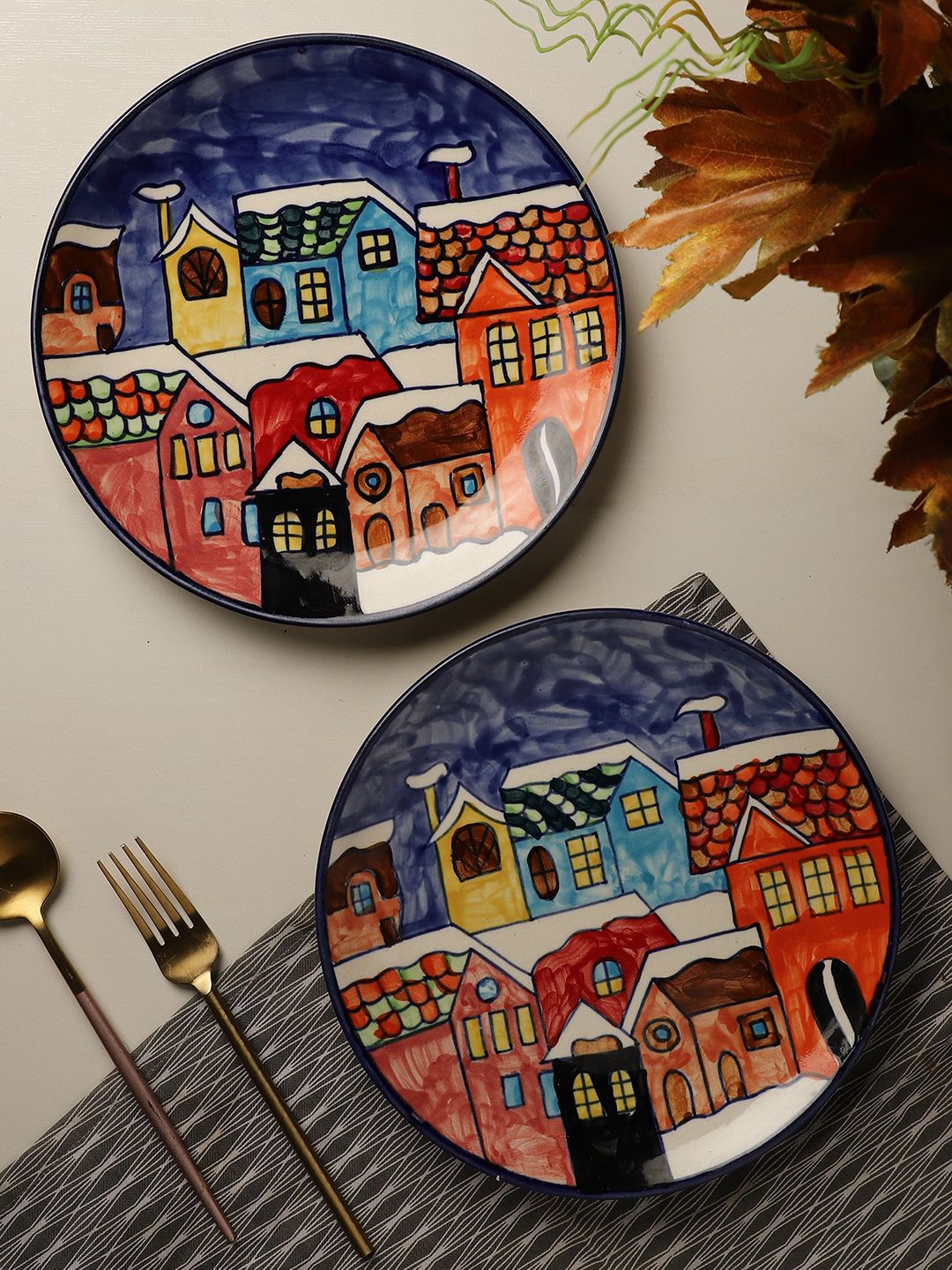 The Decor Mart Blue & Red 2 Pieces Hand Painted Printed Ceramic Glossy Plates Price in India
