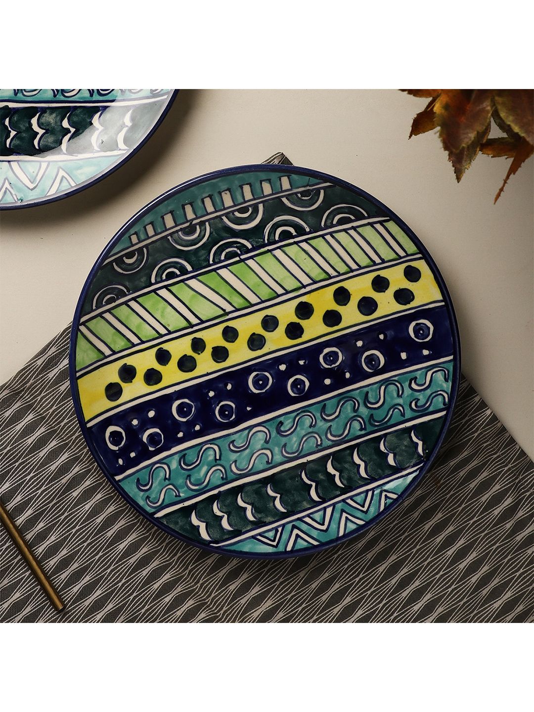 The Decor Mart Blue & Yellow 2 Pieces Hand Painted Printed Ceramic Glossy Plates Price in India