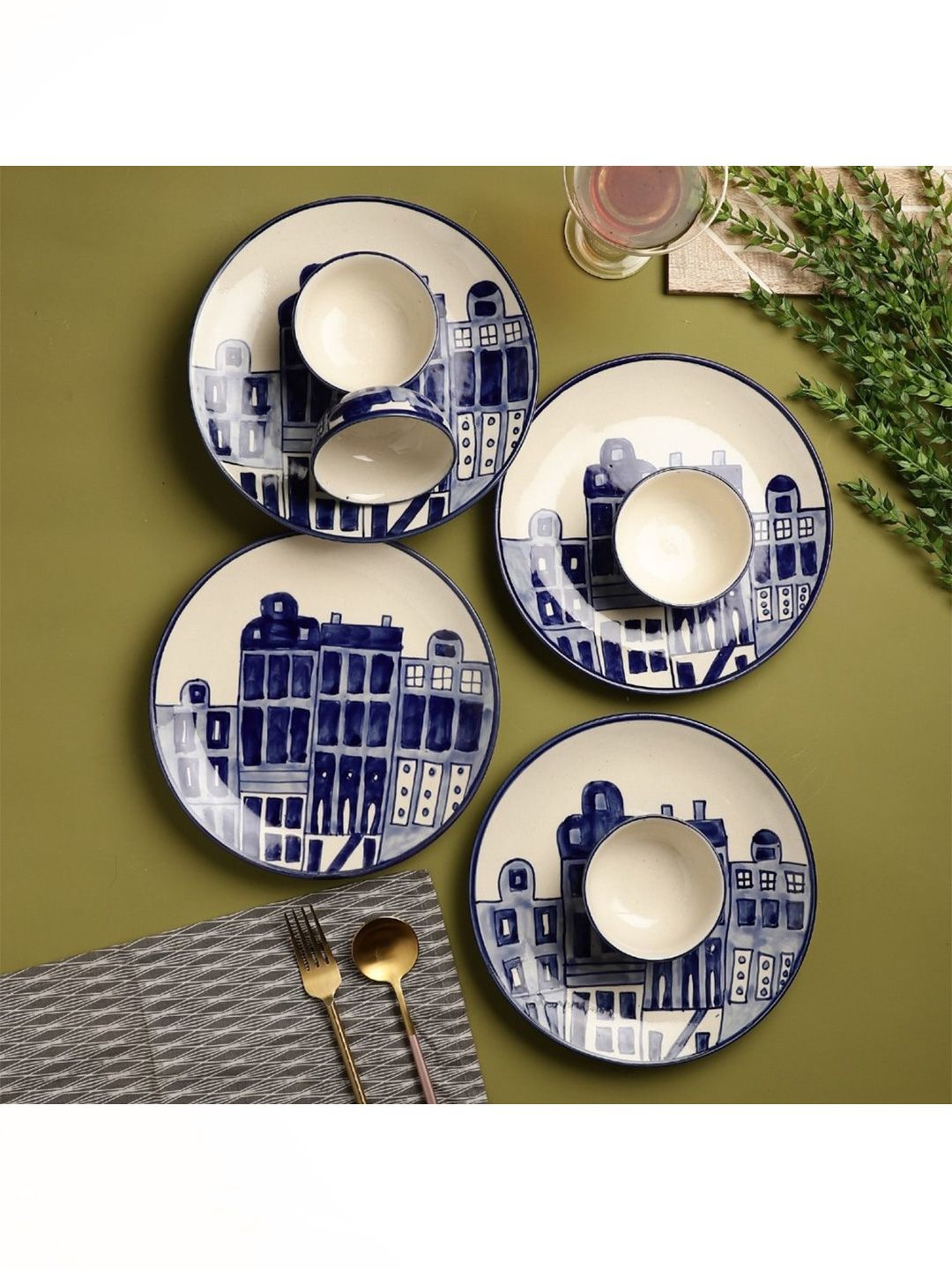 The Decor Mart Blue & Cream-Coloured 8 Pieces Hand Painted Printed Ceramic Glossy Dinner Set Price in India