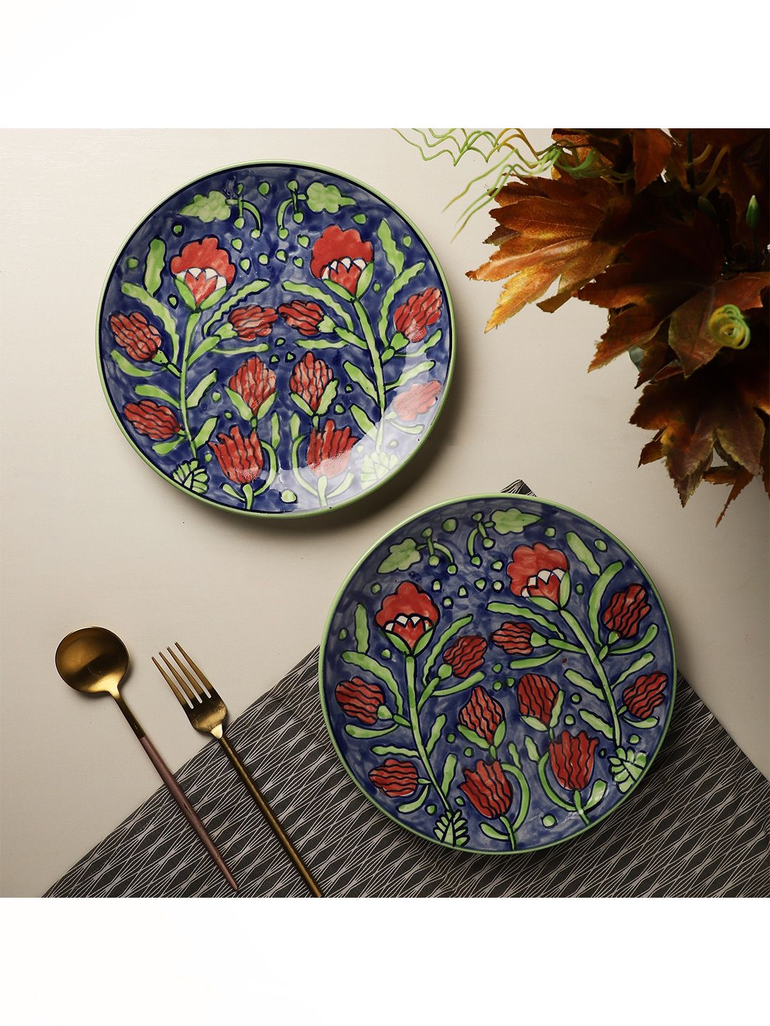 The Decor Mart Blue & Red 2 Pieces Hand Painted Printed Ceramic Glossy Plates Price in India