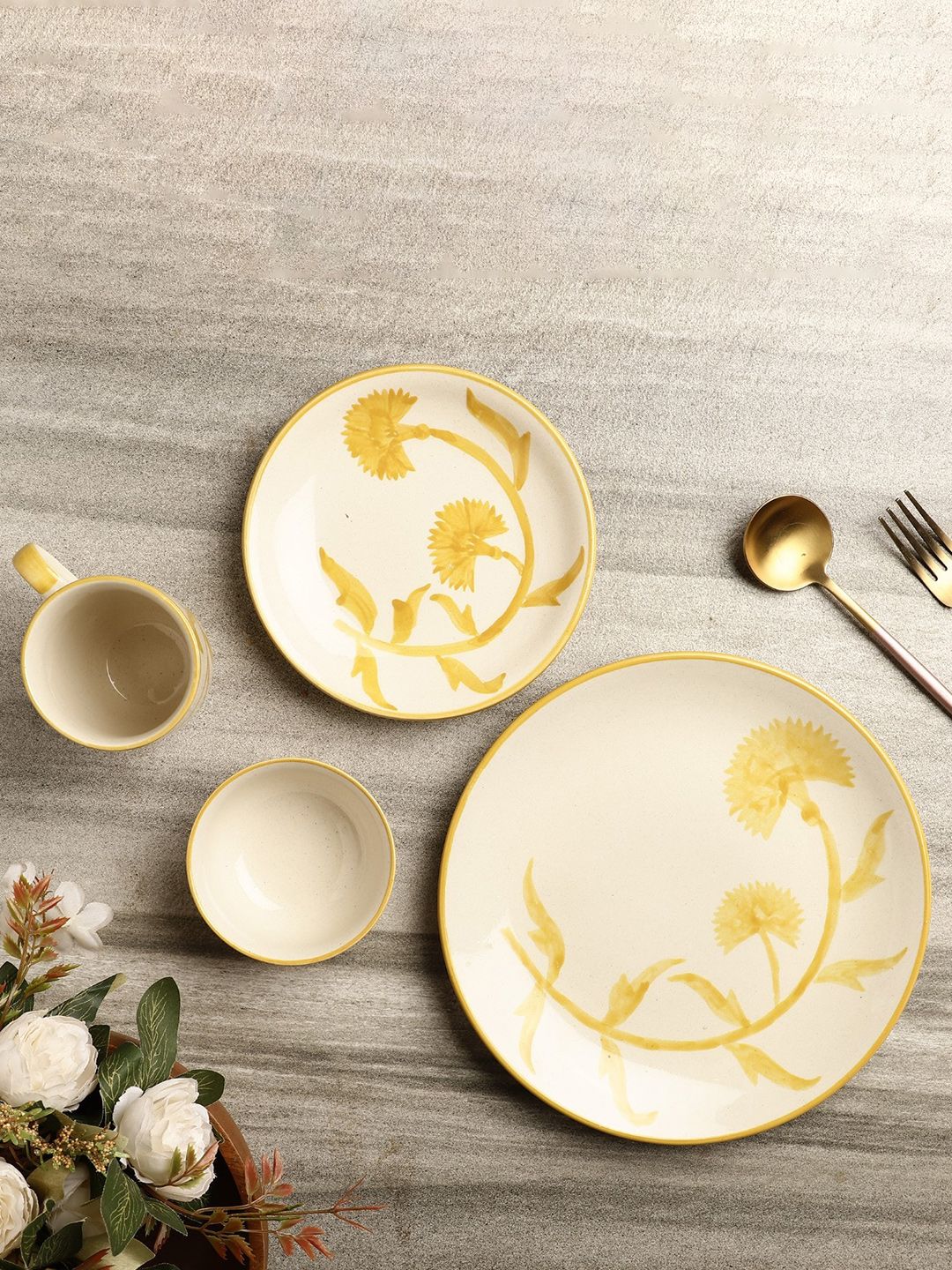 The Decor Mart Yellow & Cream-Coloured 4 Pieces Hand Painted Printed Ceramic Glossy Dinner Set Price in India