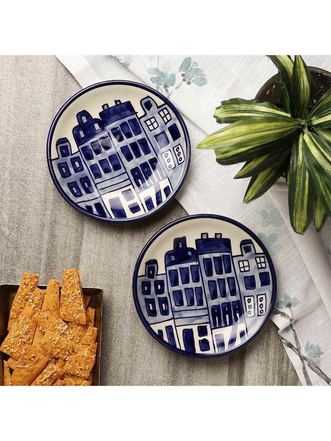 The Decor Mart Blue & White 2 Pieces Hand Painted Printed Ceramic Glossy Plates Price in India