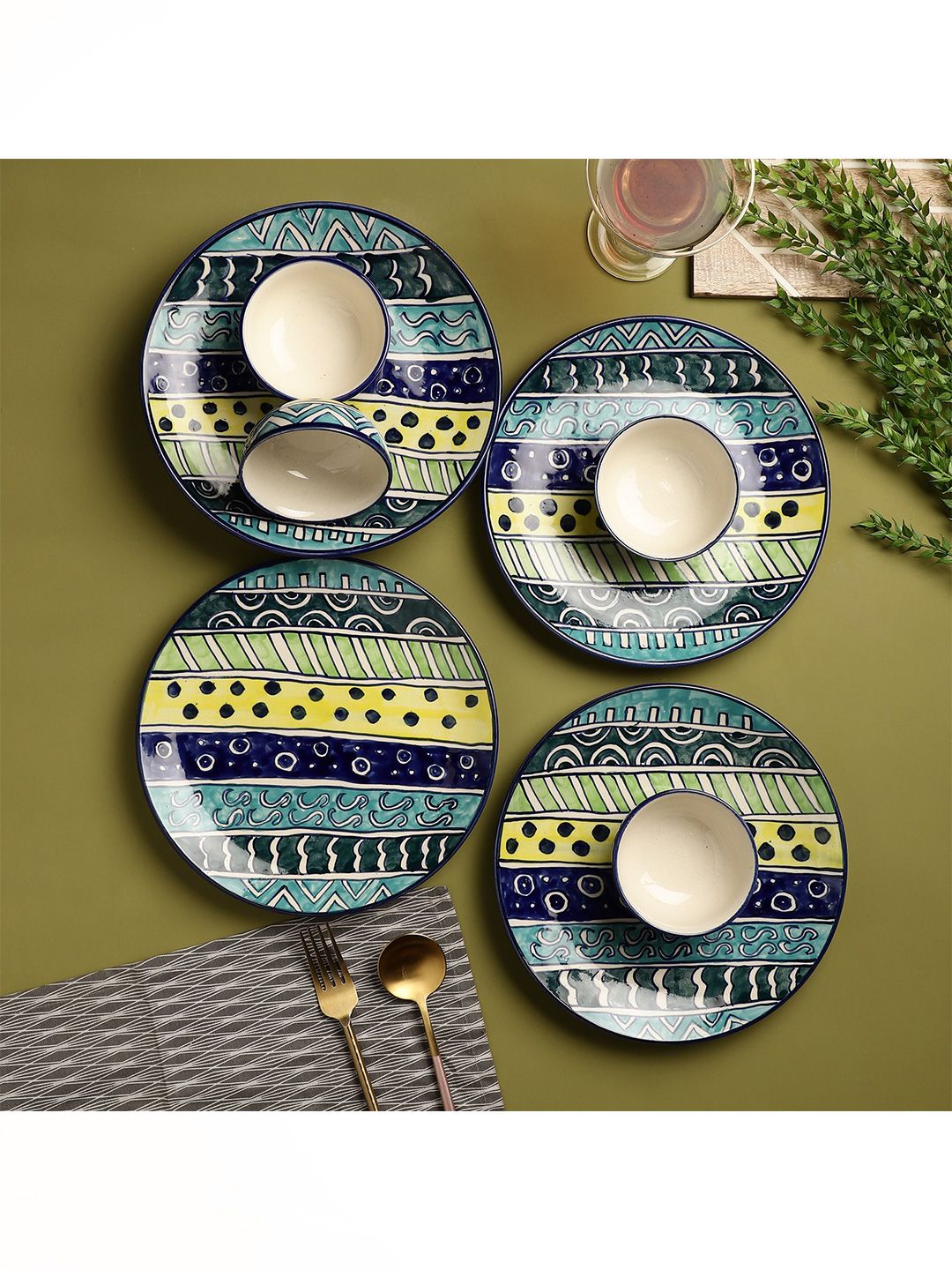 The Decor Mart Navy Blue & Yellow 4 Pieces Hand Painted Printed Ceramic Glossy Dinner Set Price in India