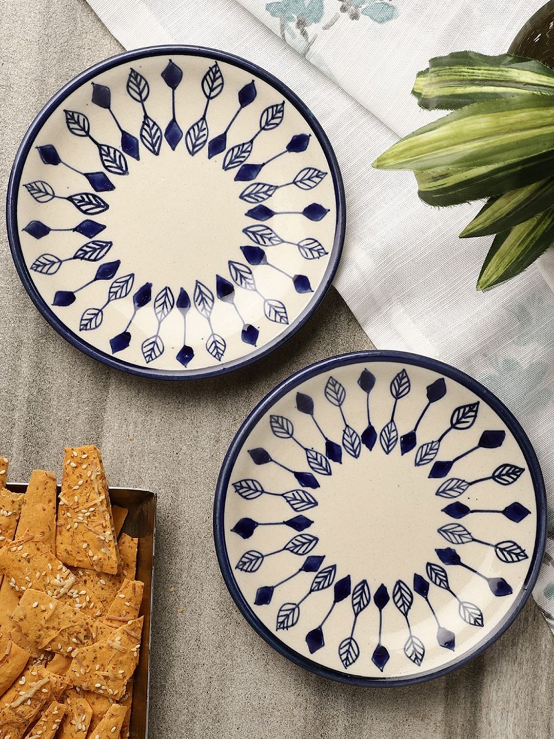 The Decor Mart White & Blue 2 Pieces Hand Painted Printed Ceramic Glossy Plates Price in India