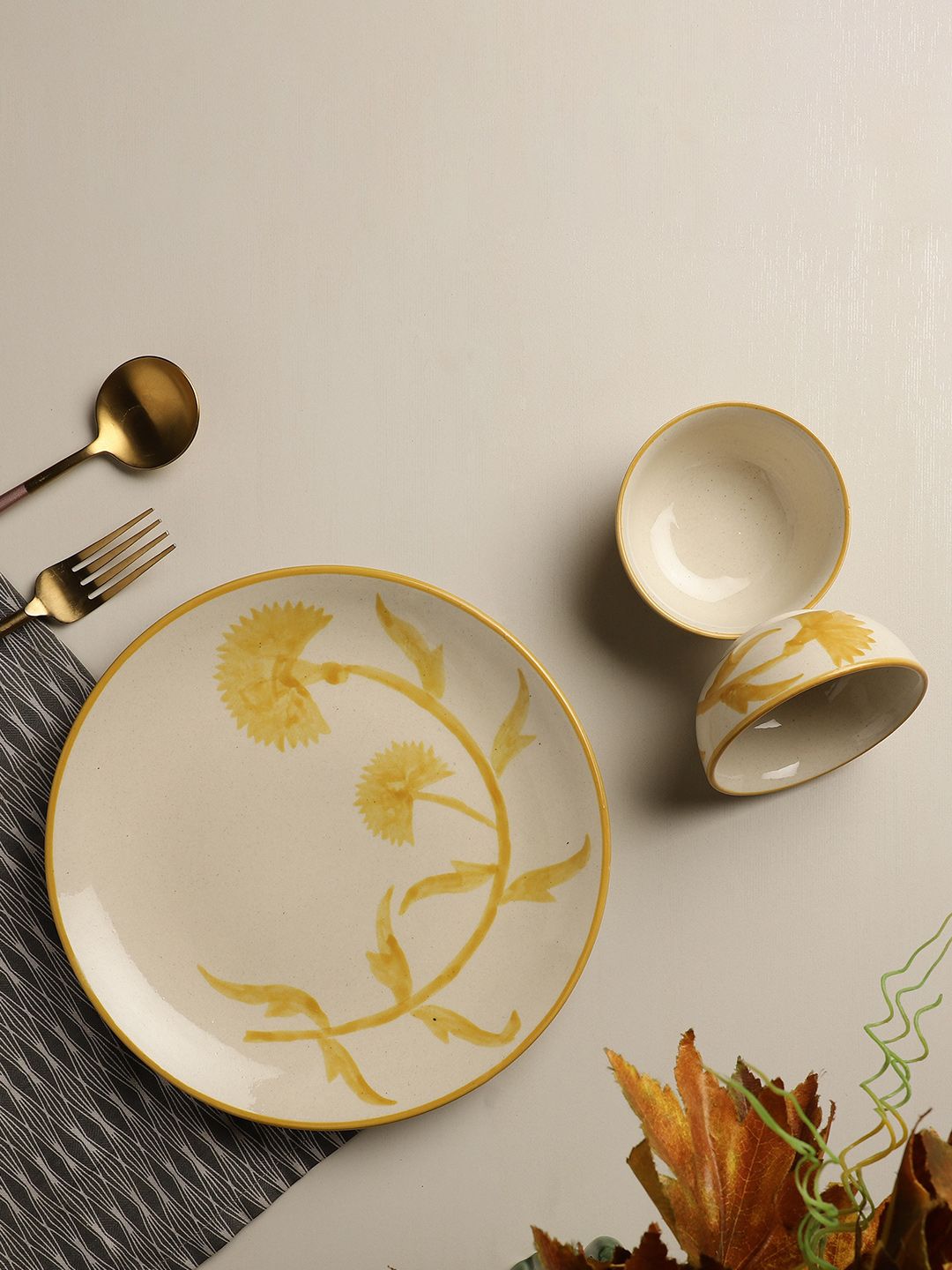 The Decor Mart Yellow & Cream-Coloured 3 Pieces Hand Painted Printed Ceramic Glossy Dinner Set Price in India