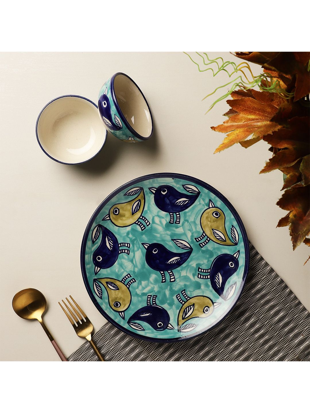 The Decor Mart Blue & Yellow 3 Pieces Hand Painted Printed Ceramic Glossy Dinner Set Price in India