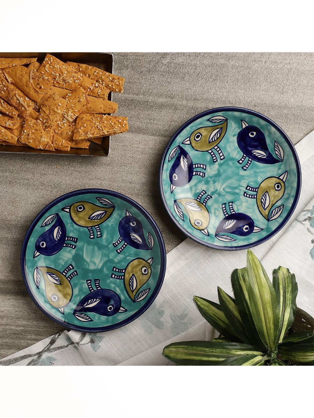 The Decor Mart Blue & Green 2 Pieces Hand Painted Printed Ceramic Glossy Plates Price in India