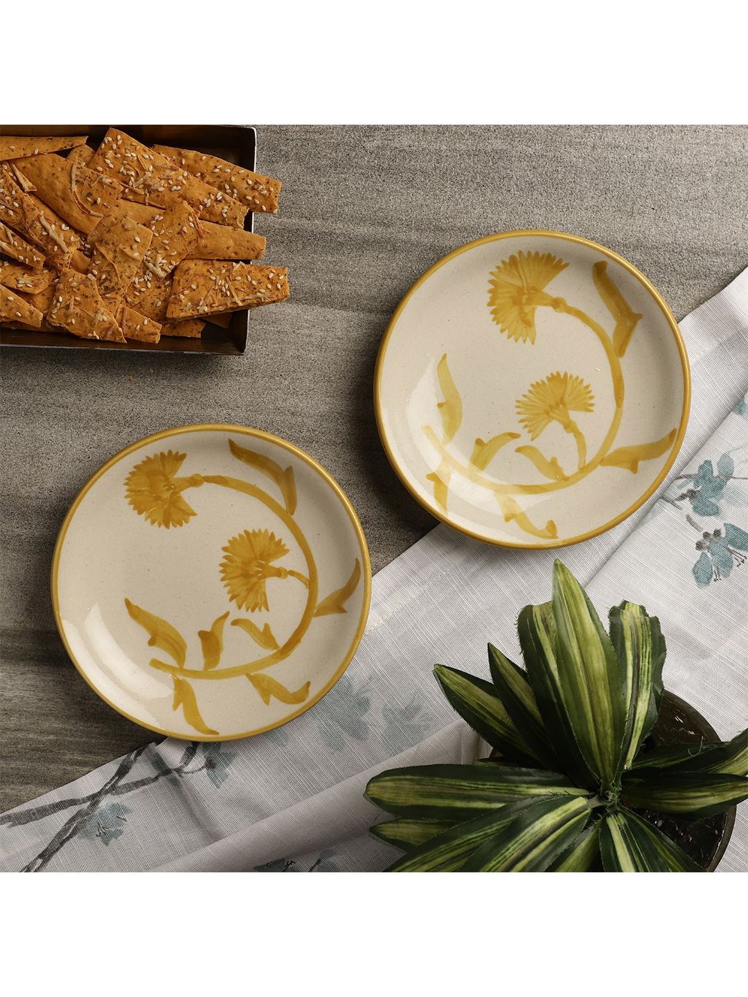 The Decor Mart Yellow & Cream-Coloured 2 Pieces Hand Painted Printed Ceramic Glossy Plates Price in India