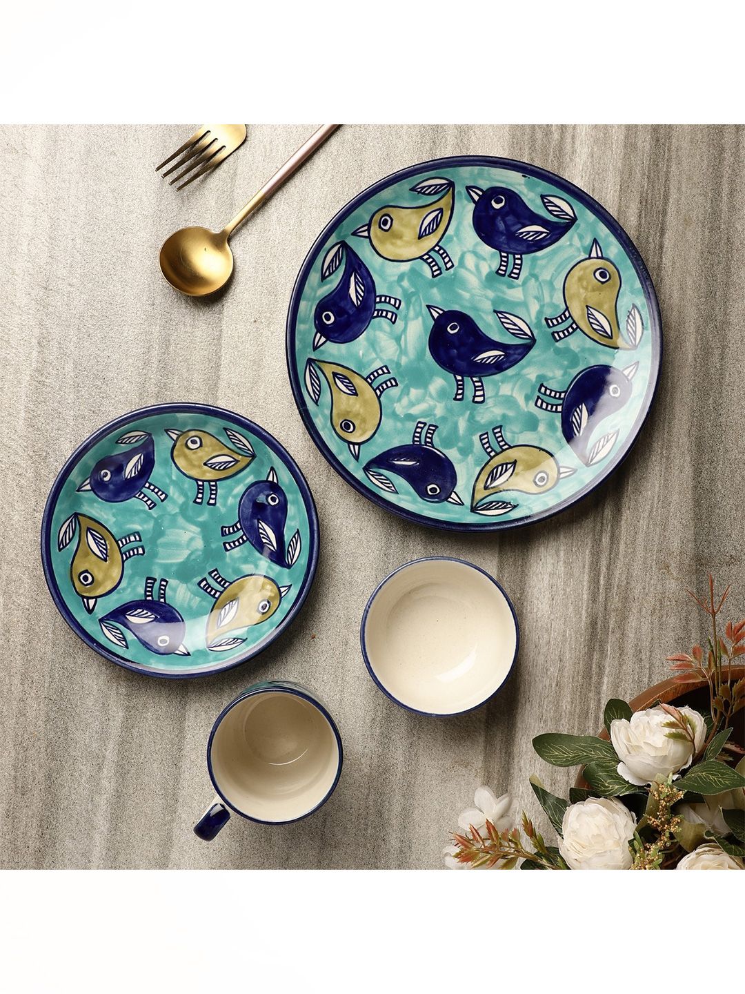 The Decor Mart Green & Blue 4 Pieces Hand Painted Printed Ceramic Glossy Dinner Set Price in India