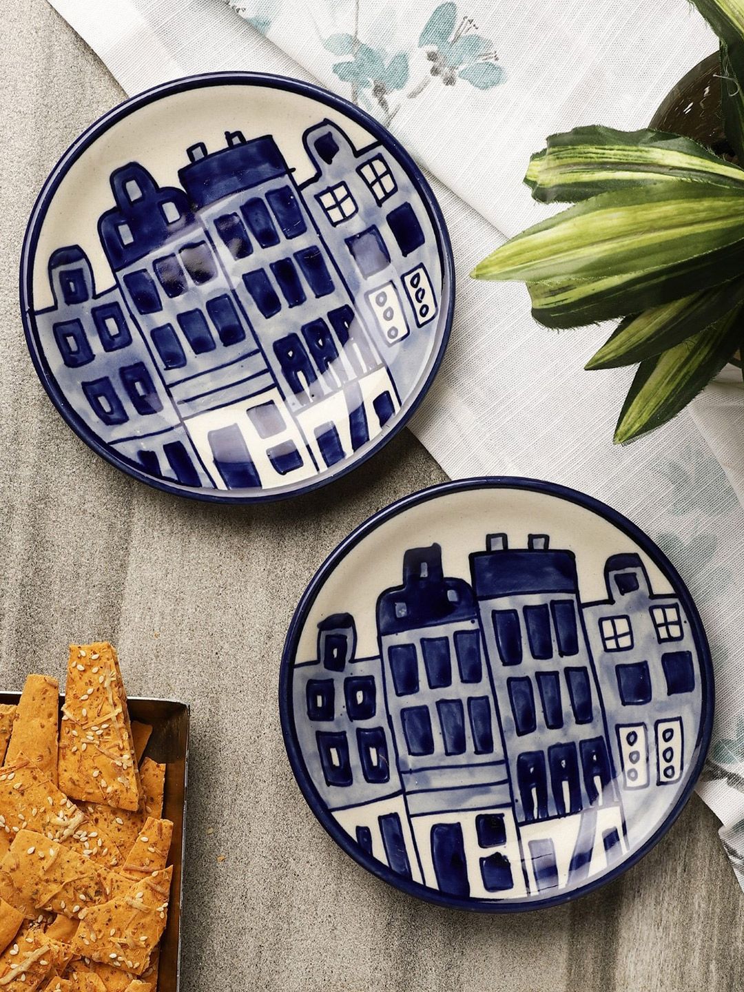The Decor Mart Off White & Blue 2 Pieces Hand Painted Printed Ceramic Glossy Plates Price in India