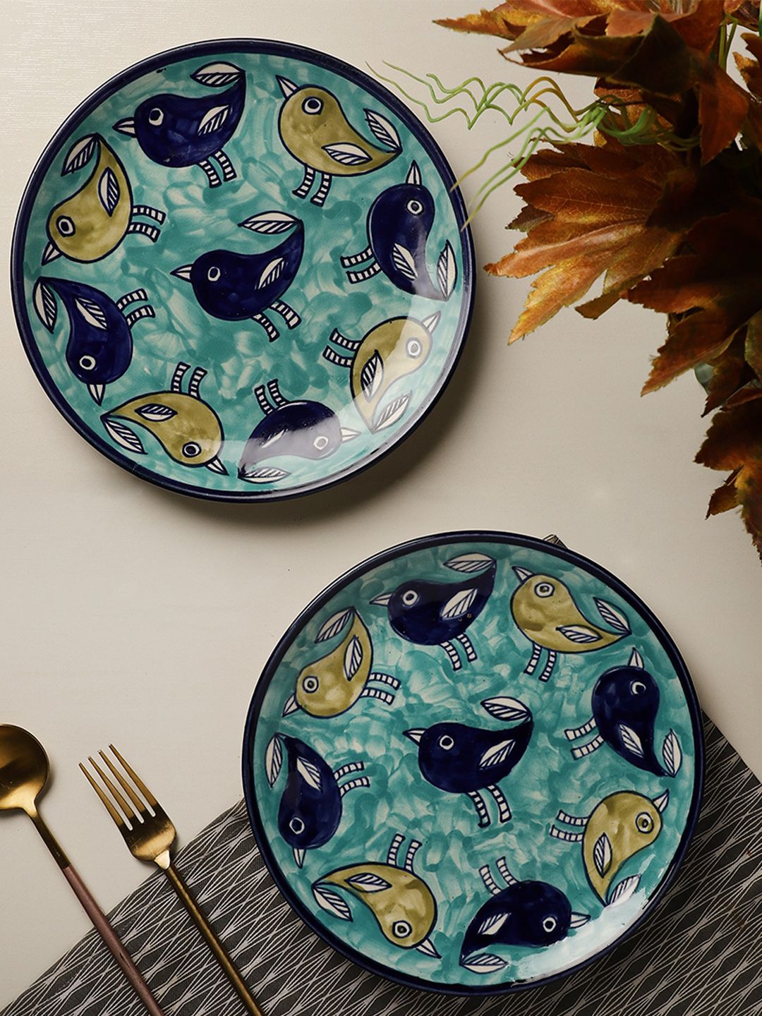The Decor Mart Blue & Green 2 Pieces Hand Painted Printed Ceramic Glossy Plates Price in India