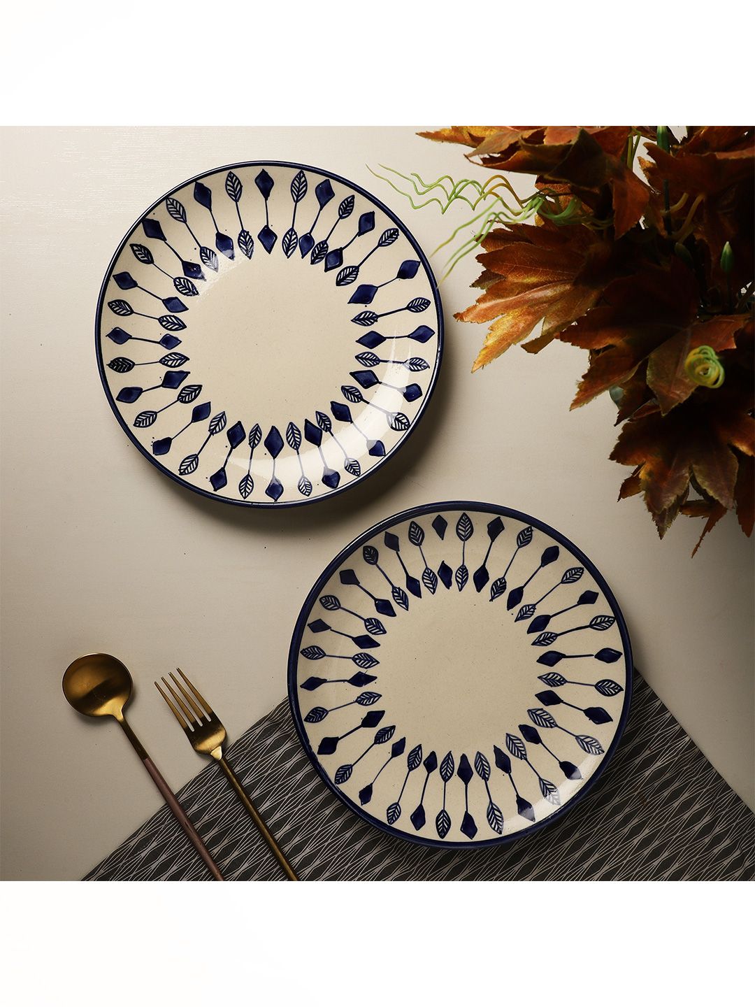 The Decor Mart Beige & Blue 2 Pieces Hand Painted Printed Ceramic Glossy Plates Price in India