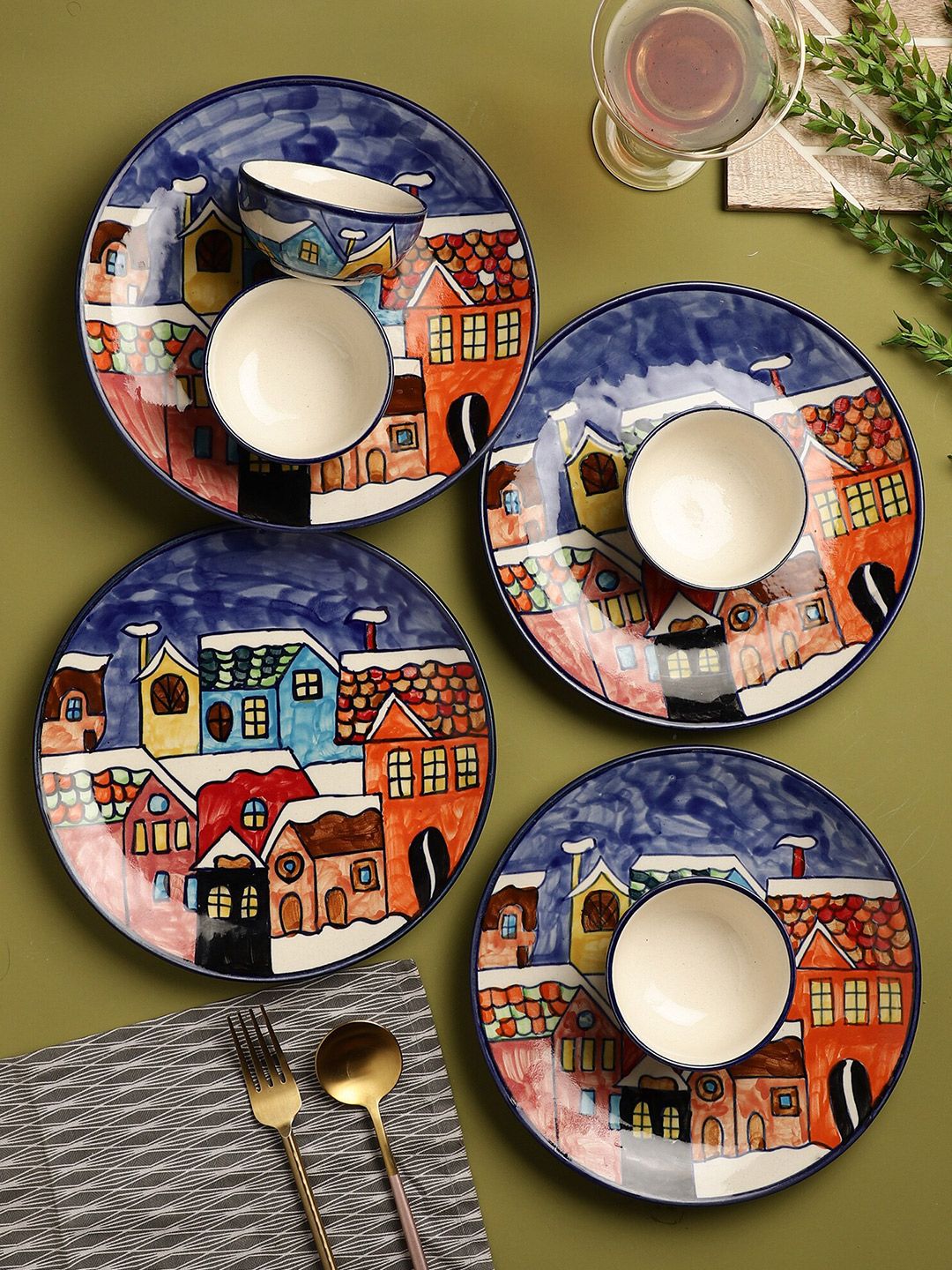 The Decor Mart Blue & Red 8 Pieces Hand Painted Printed Ceramic Glossy Dinner Set Price in India