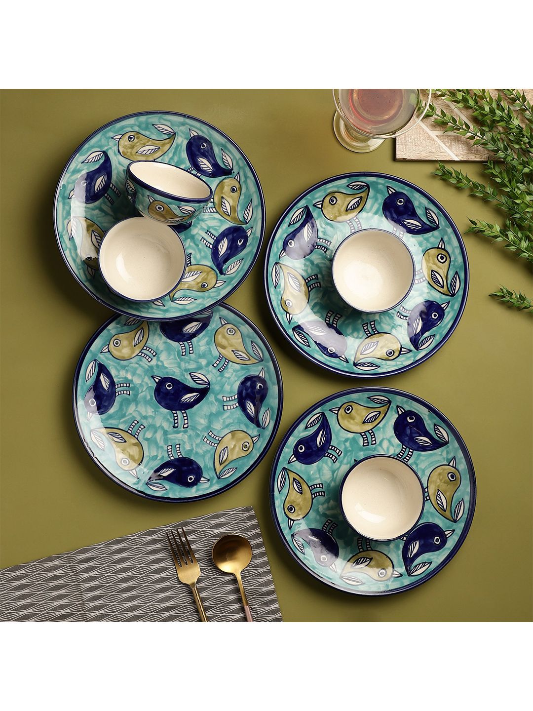 The Decor Mart Blue & Beige 8 Pieces Hand Painted Printed Ceramic Glossy Dinner Set Price in India