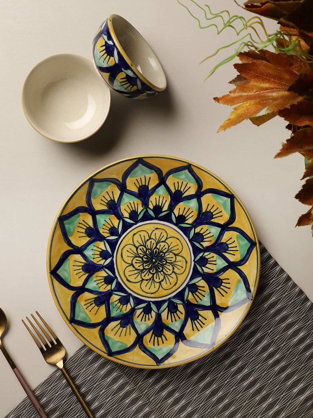 The Decor Mart Yellow & Blue 3 Pieces Hand Painted Printed Ceramic Glossy Dinner Set Price in India