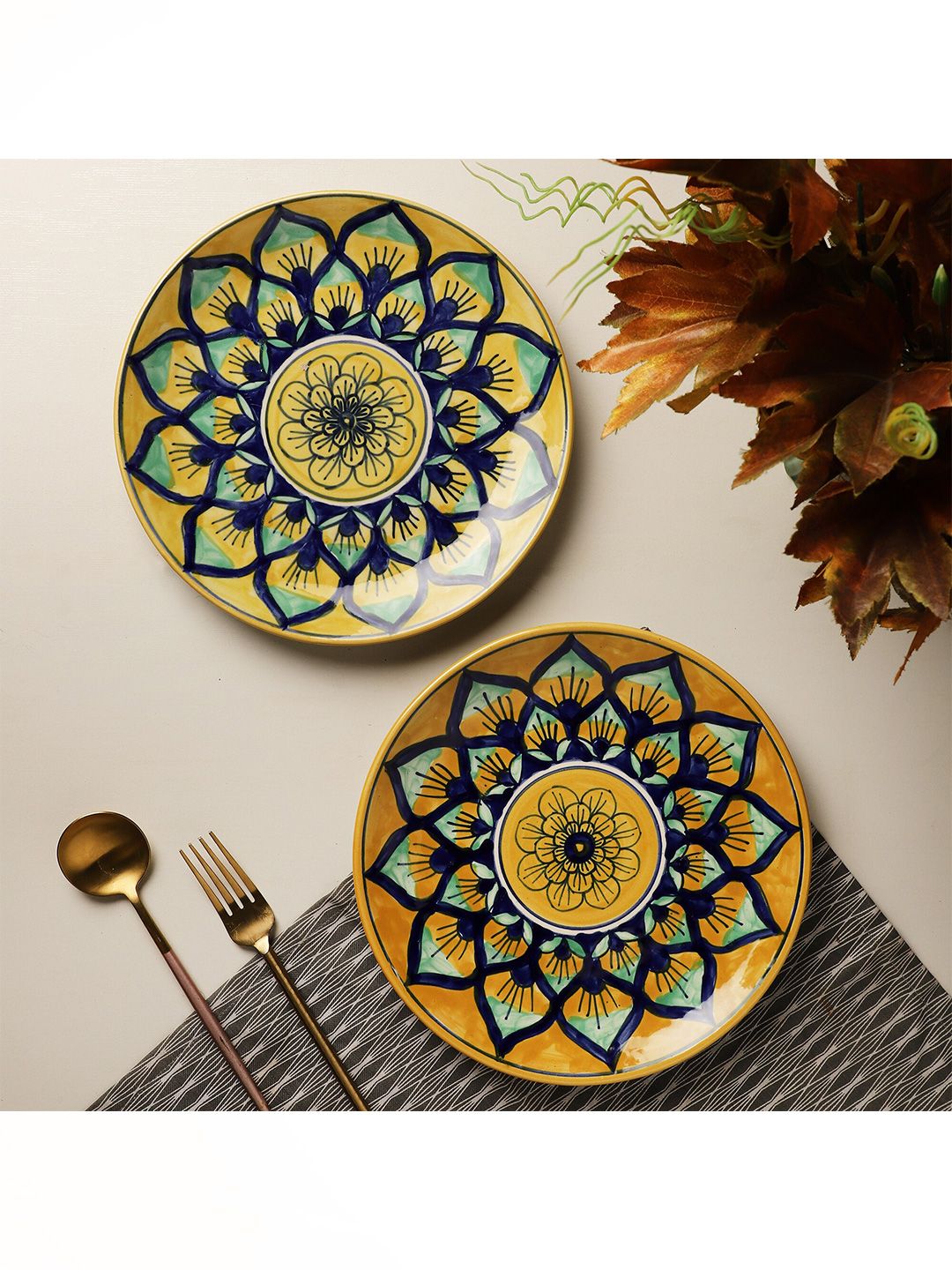 The Decor Mart Yellow & Blue 2 Pieces Hand Painted Printed Ceramic Glossy Plates Price in India