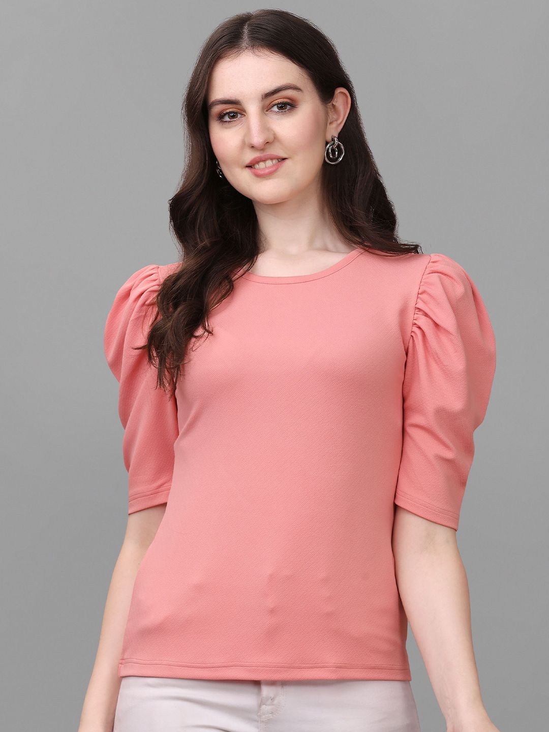 VeBNoR Women Solid Round Neck Puff Sleeves Top Price in India