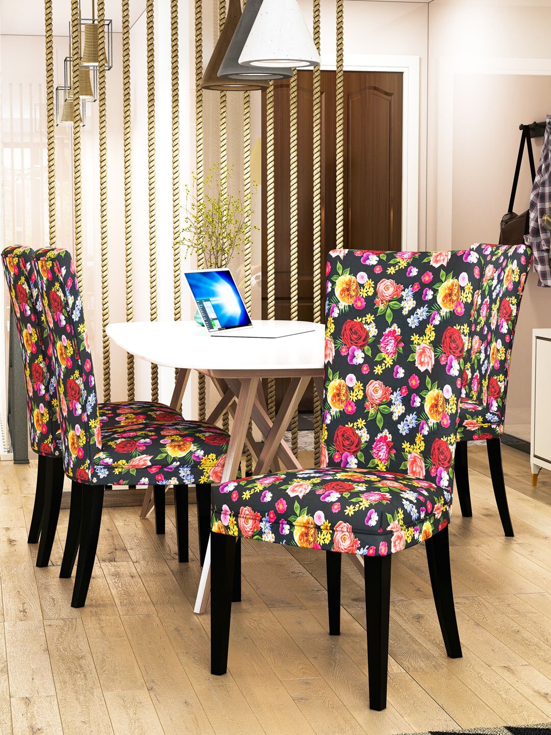 Nendle Set Of 4 Floral Printed Stretchable Dining Table Chair Covers Price in India
