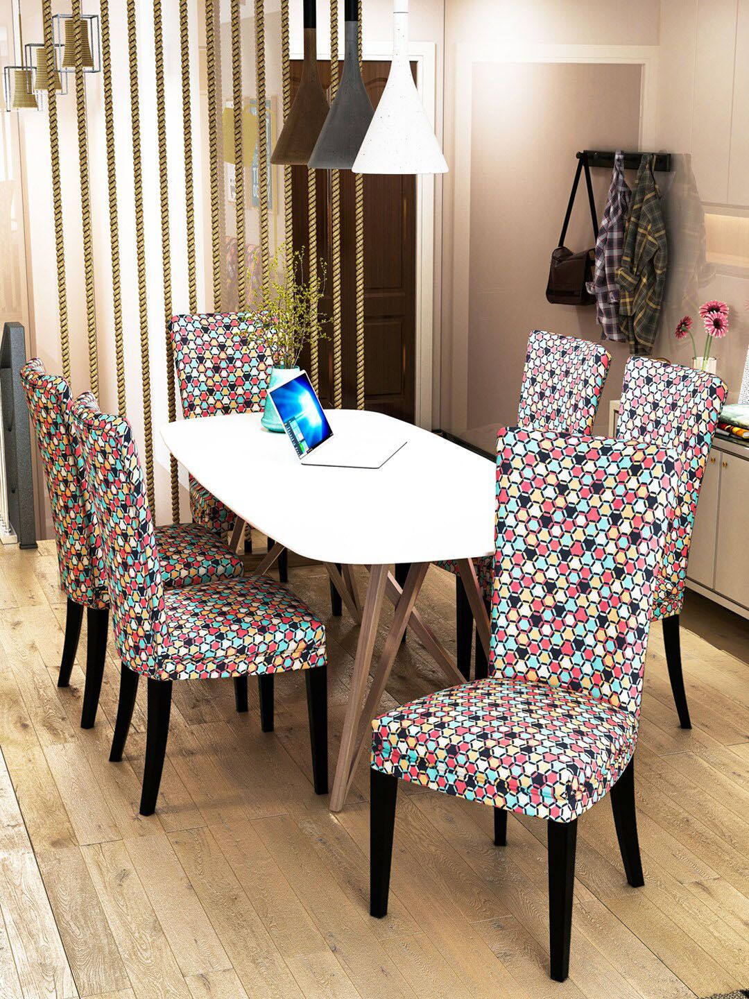Nendle Set Of 6 Printed Stretchable Dining Table Chair Covers Price in India