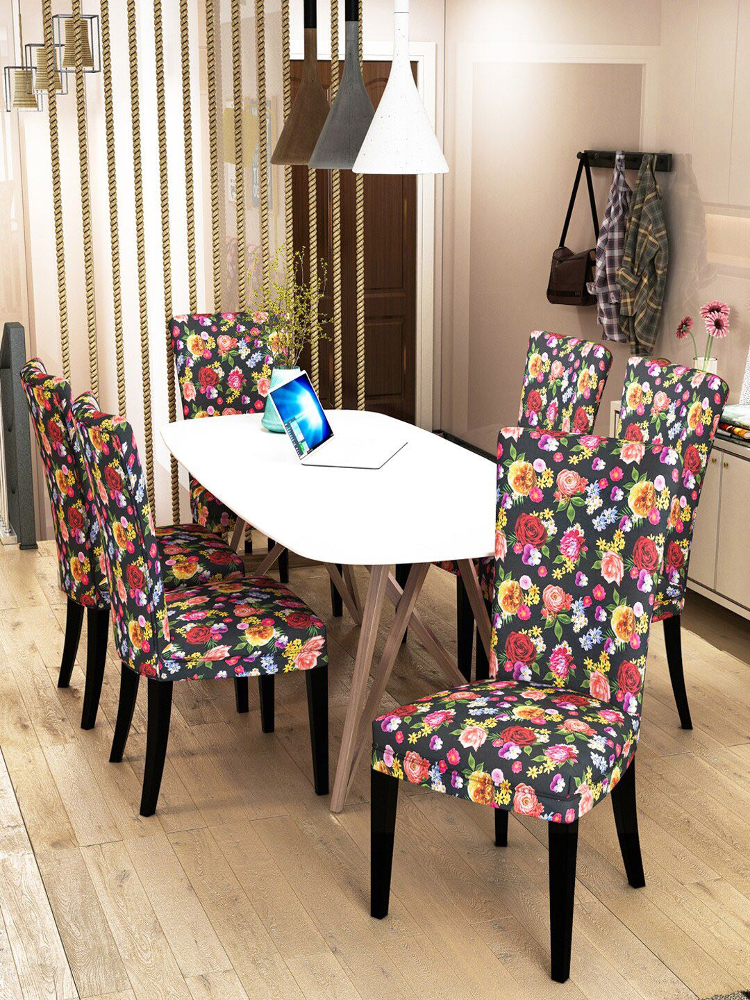 Nendle Set Of 6 Floral Printed Stretchable Dining Table Chair Covers Price in India