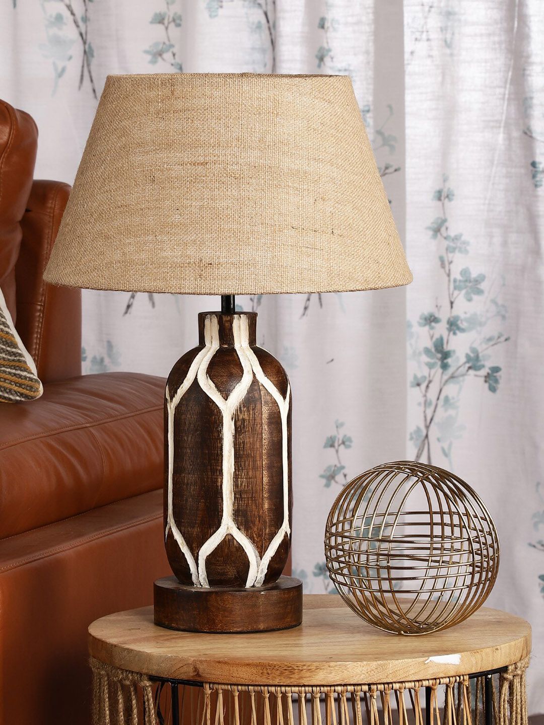 The Decor Mart Engraved Walnut Table Lamp With Jute Shade Price in India