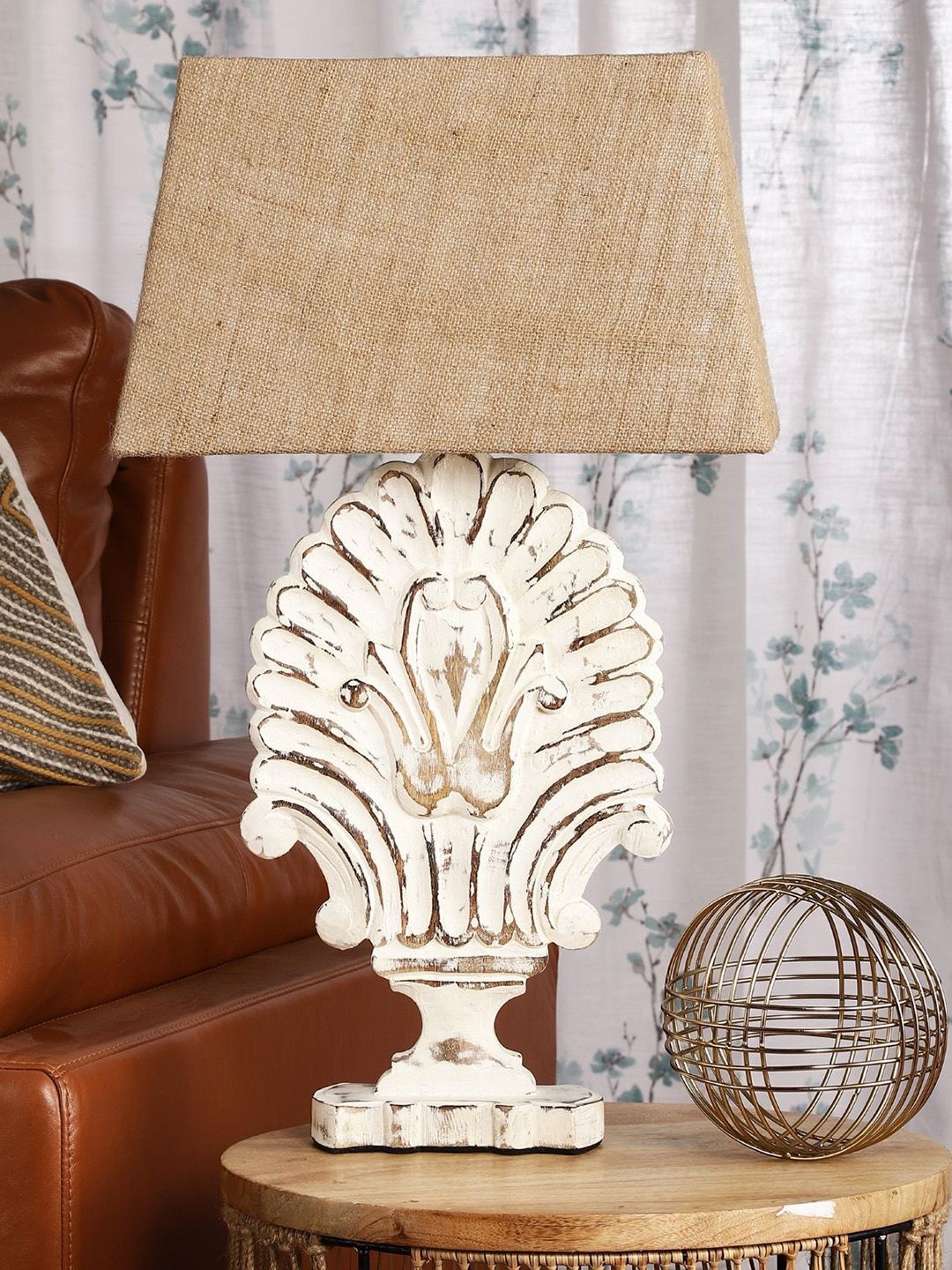 The Decor Mart Distressed Flora Wooden Table Lamp With Jute Shade Price in India