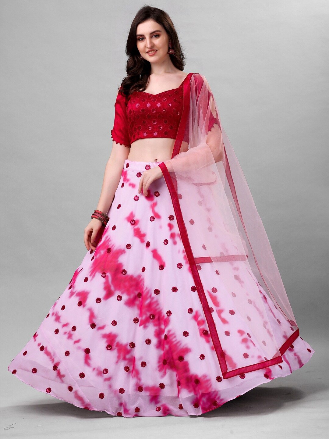 Fashion Basket White & Pink Embroidered Semi-Stitched Lehenga & Unstitched Blouse With Dupatta Price in India
