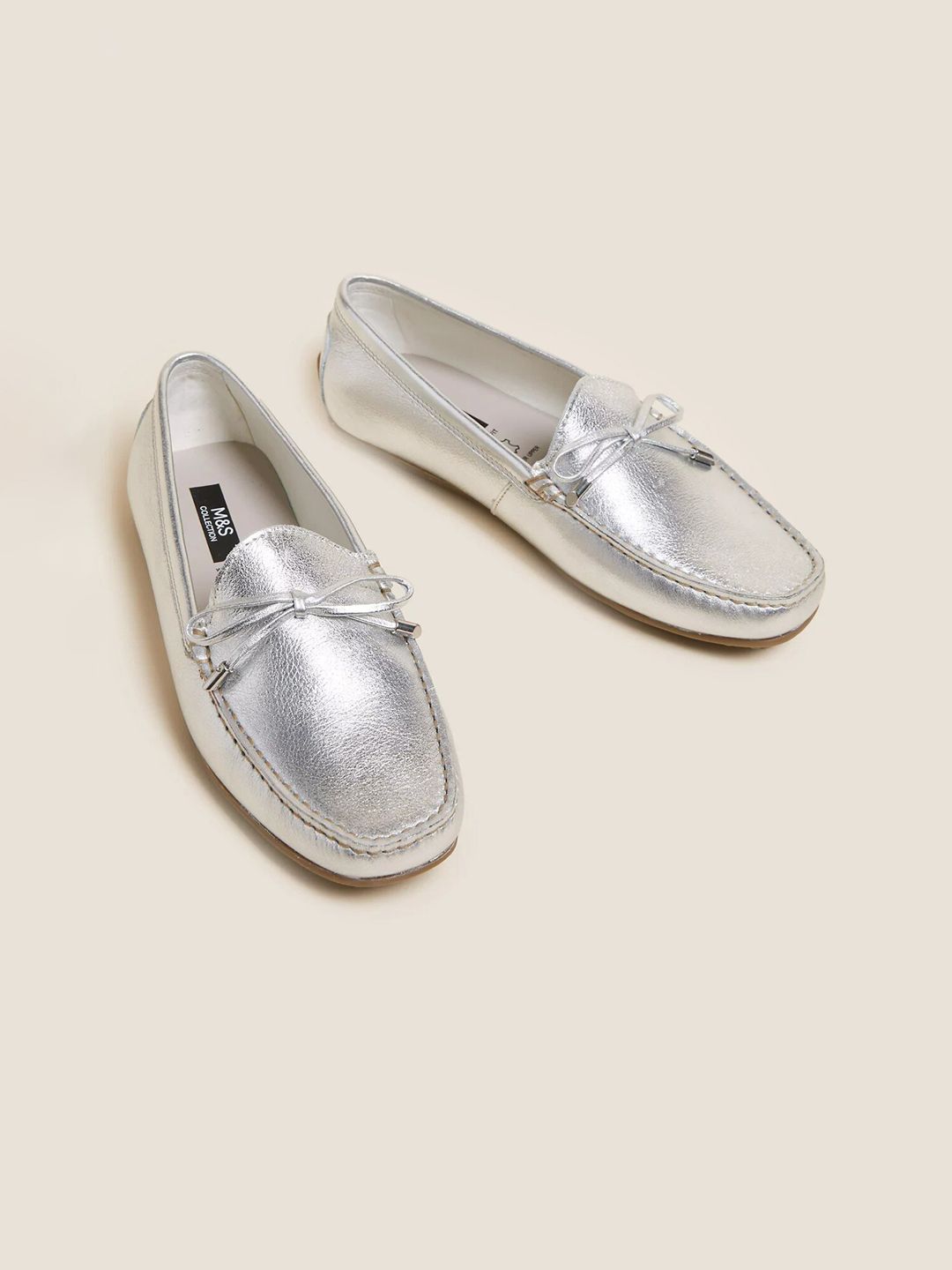 Marks & Spencer Women Solid Metallic Leather Loafers with Bow Detail Price in India