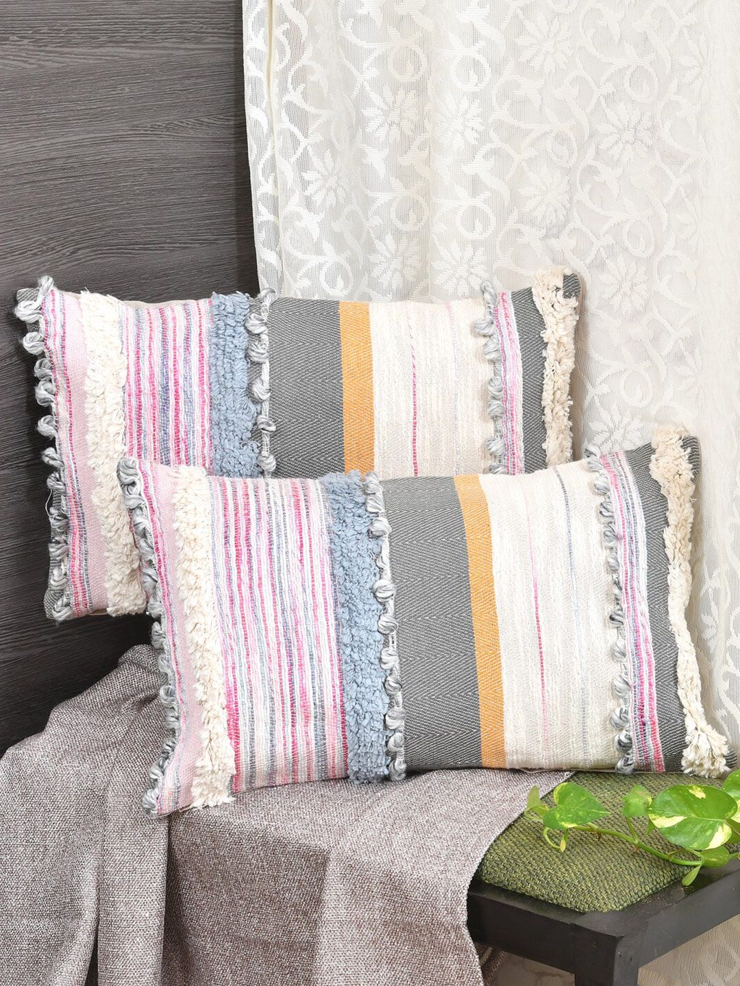 Gulaab Jaipur Set of 2 Self Design Rectangle Cushion Covers Price in India