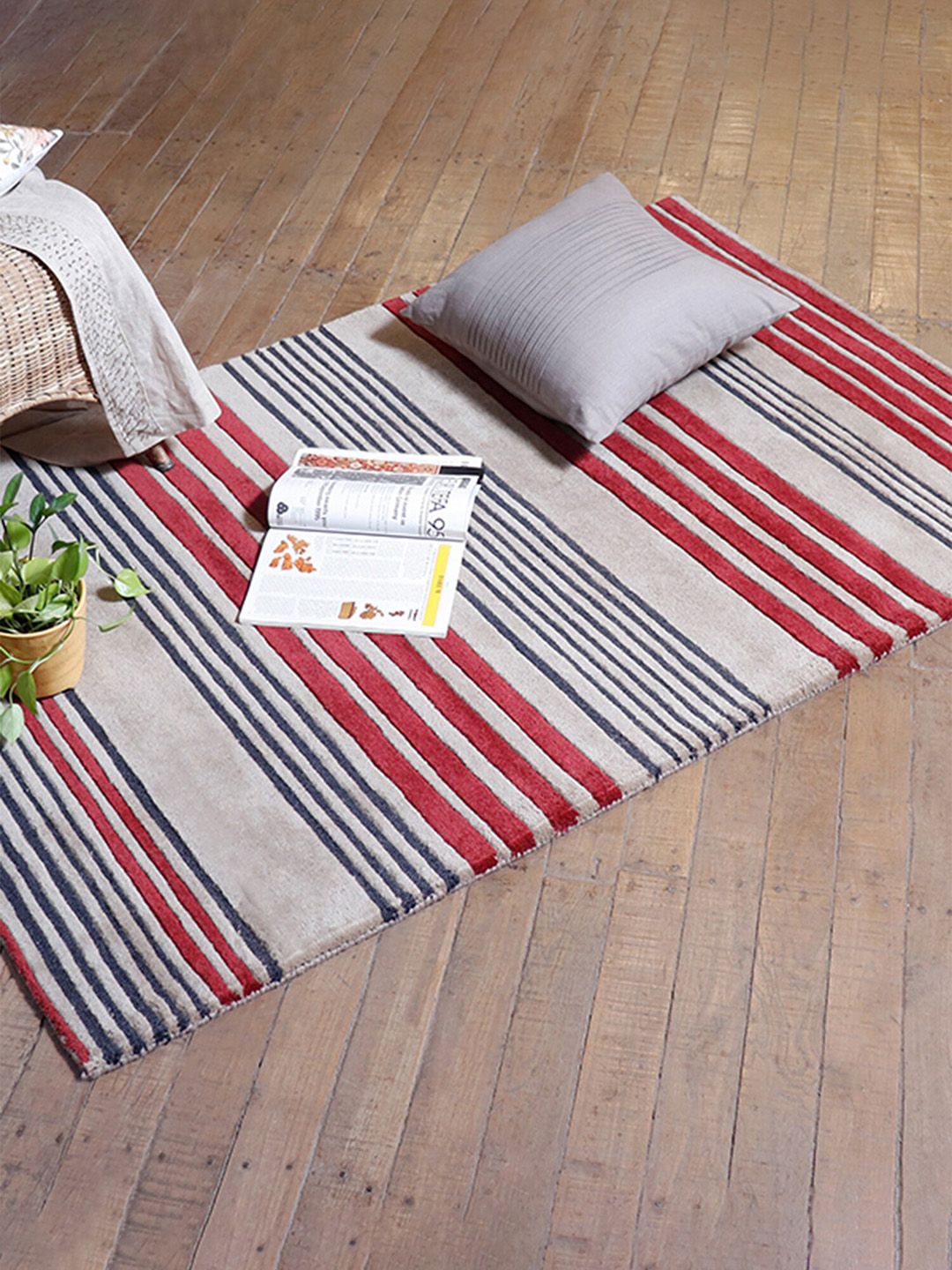 ZEBA Striped Pure Woollen Rectangular Carpet Price in India