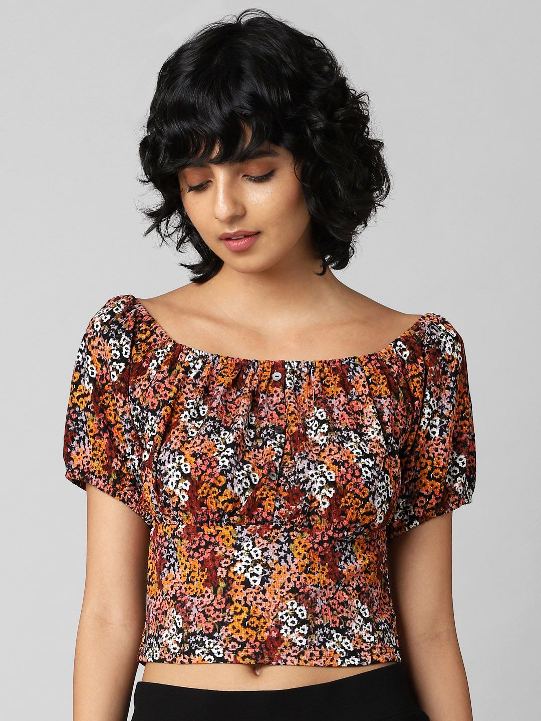 ONLY Women Floral Print Off-Shoulder Bardot Crop Top Price in India