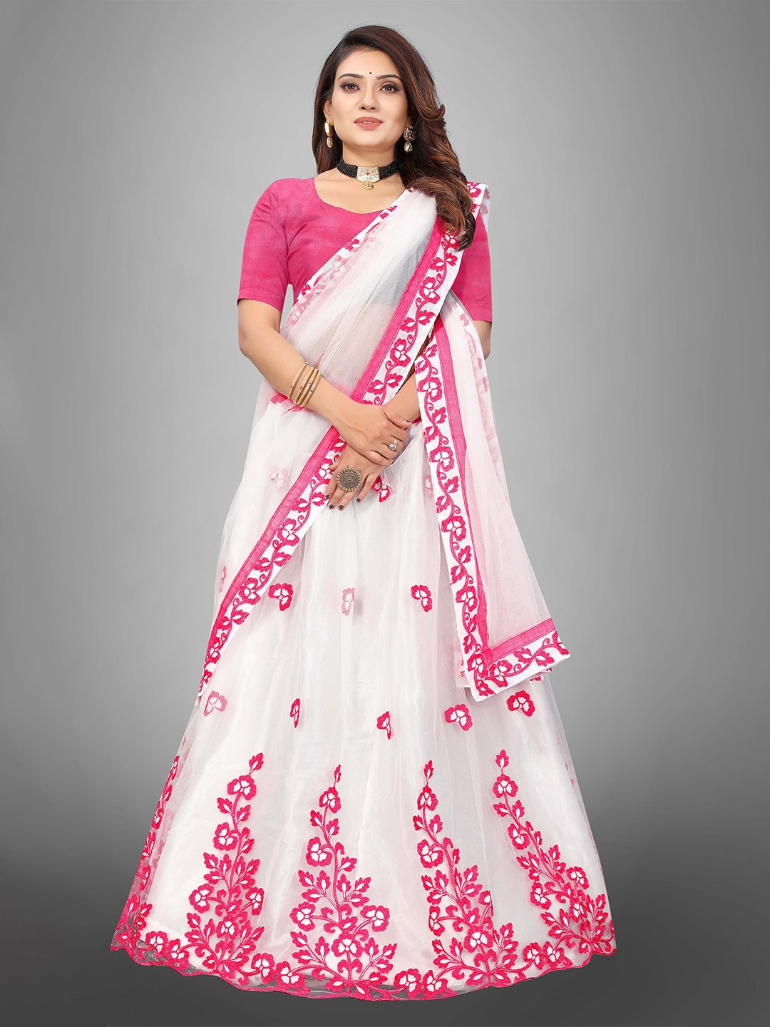 JSItaliya Pink & Off White Thread Work Semi-Stitched Lehenga & Unstitched Blouse With Dupatta Price in India