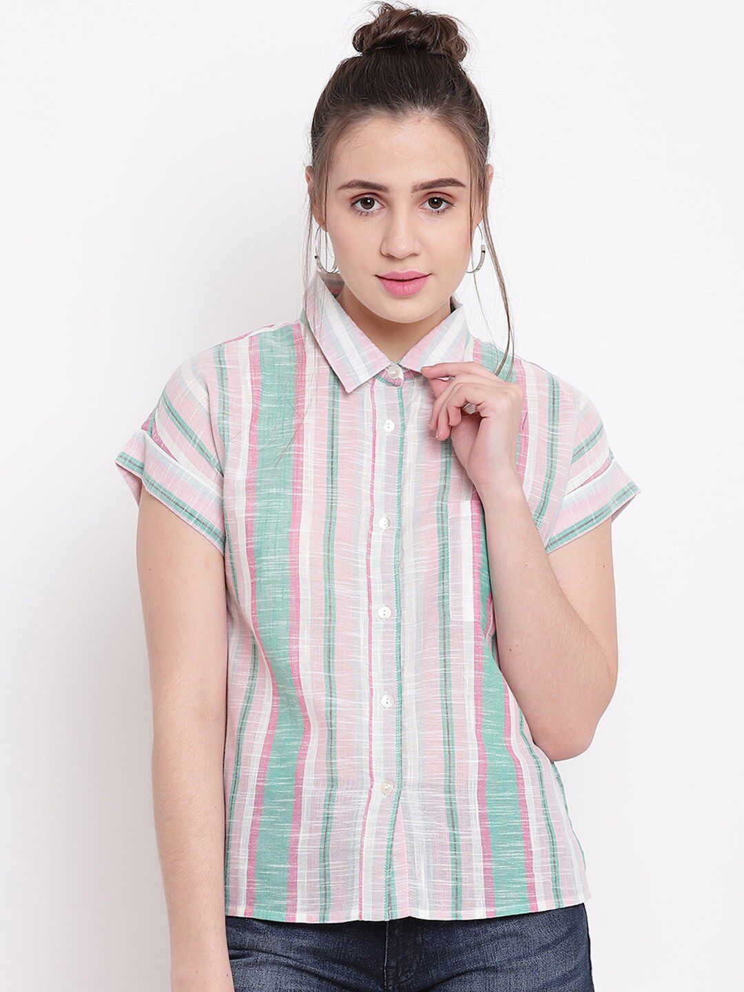Be Indi Pink Striped Extended Sleeves Shirt Style Cotton Top Price in India