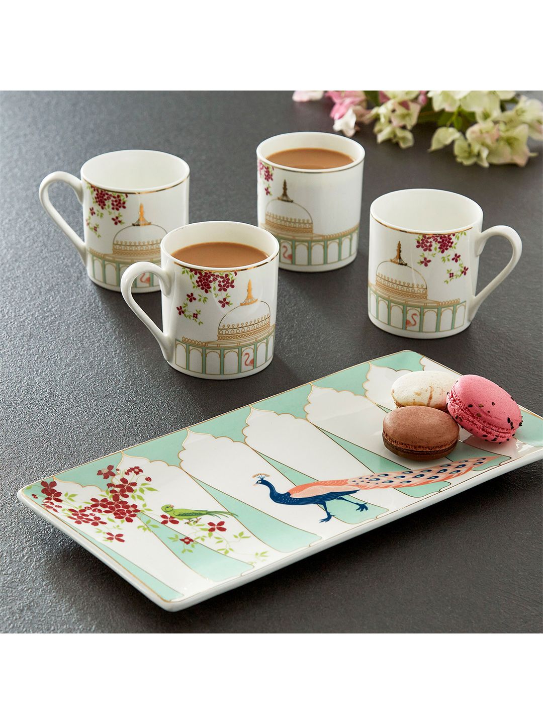 Home Centre Set of 5 Printed Bone China Glossy Mugs and Platter Price in India
