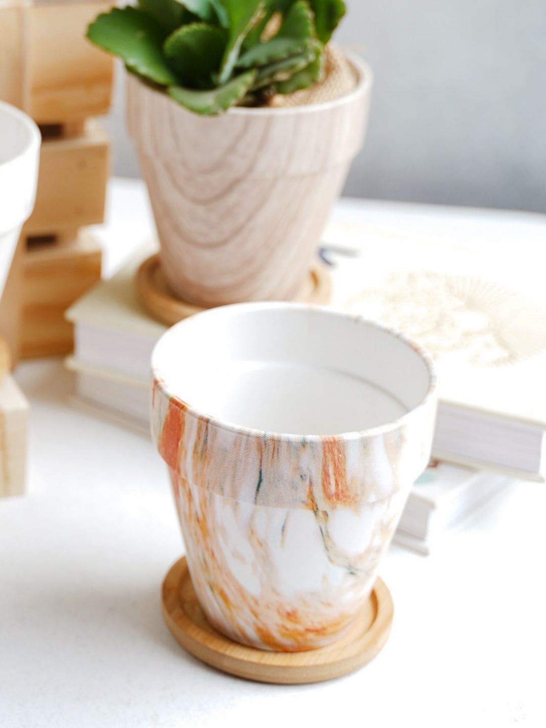 Nestasia White And Orange Ceramic Planter With Wooden Coaster Price in India