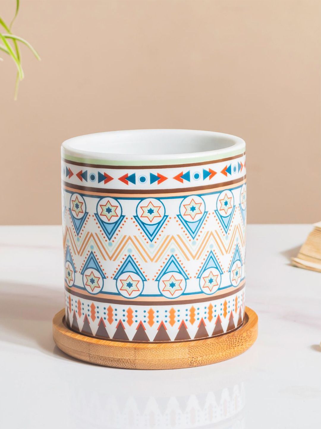 Nestasia White and Blue Mandala Printed Ceramic Planter With Wooden Coaster Price in India