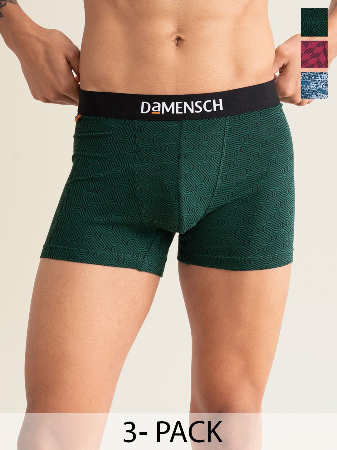 DAMENSCH Men Pack of 3 Cotton Printed Trunks DAM-CTPT-T-FBG-SHB-EPB-PACK-3