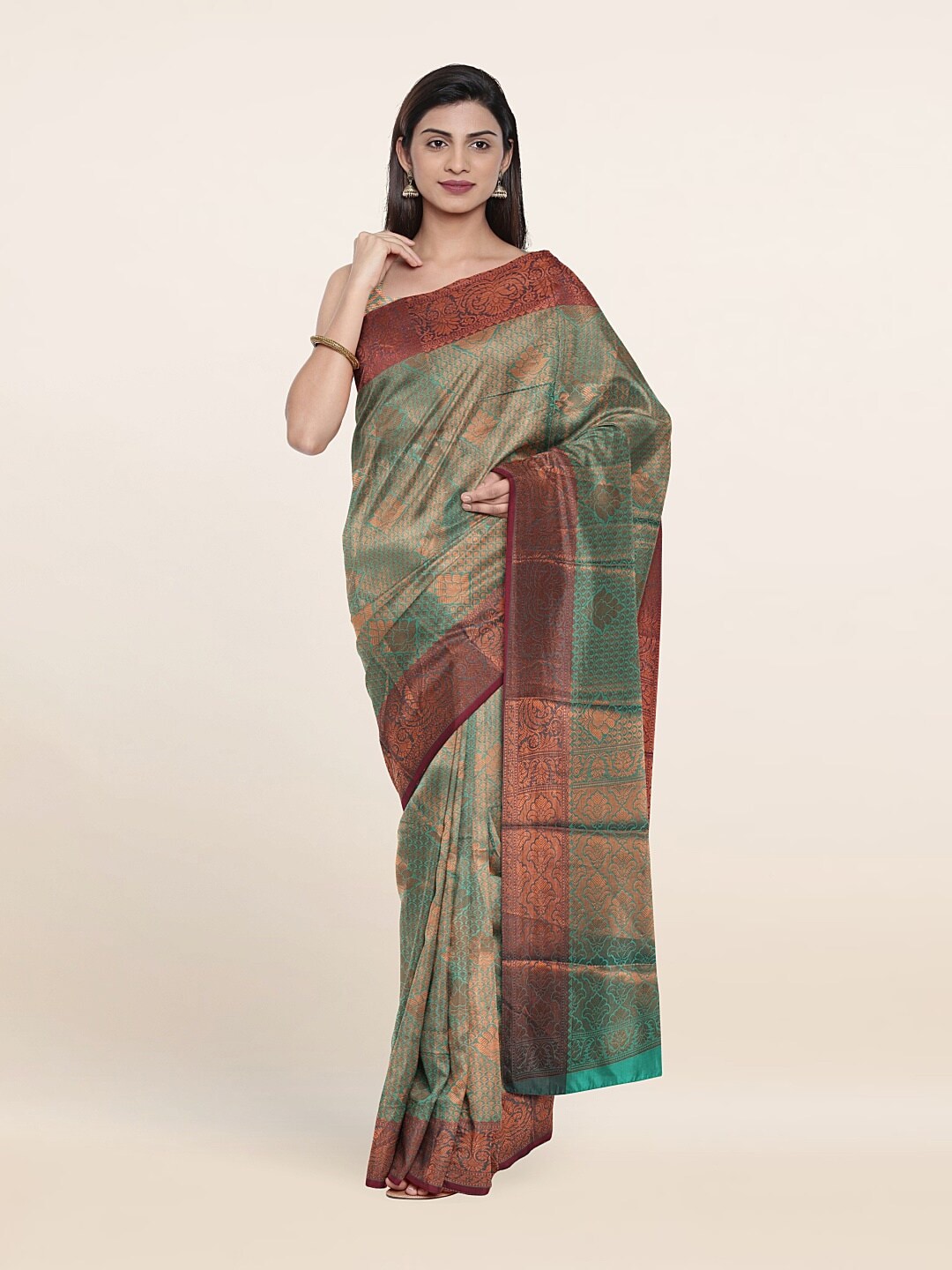 Pothys Green & Copper-Toned Woven Design Art Silk Saree Price in India
