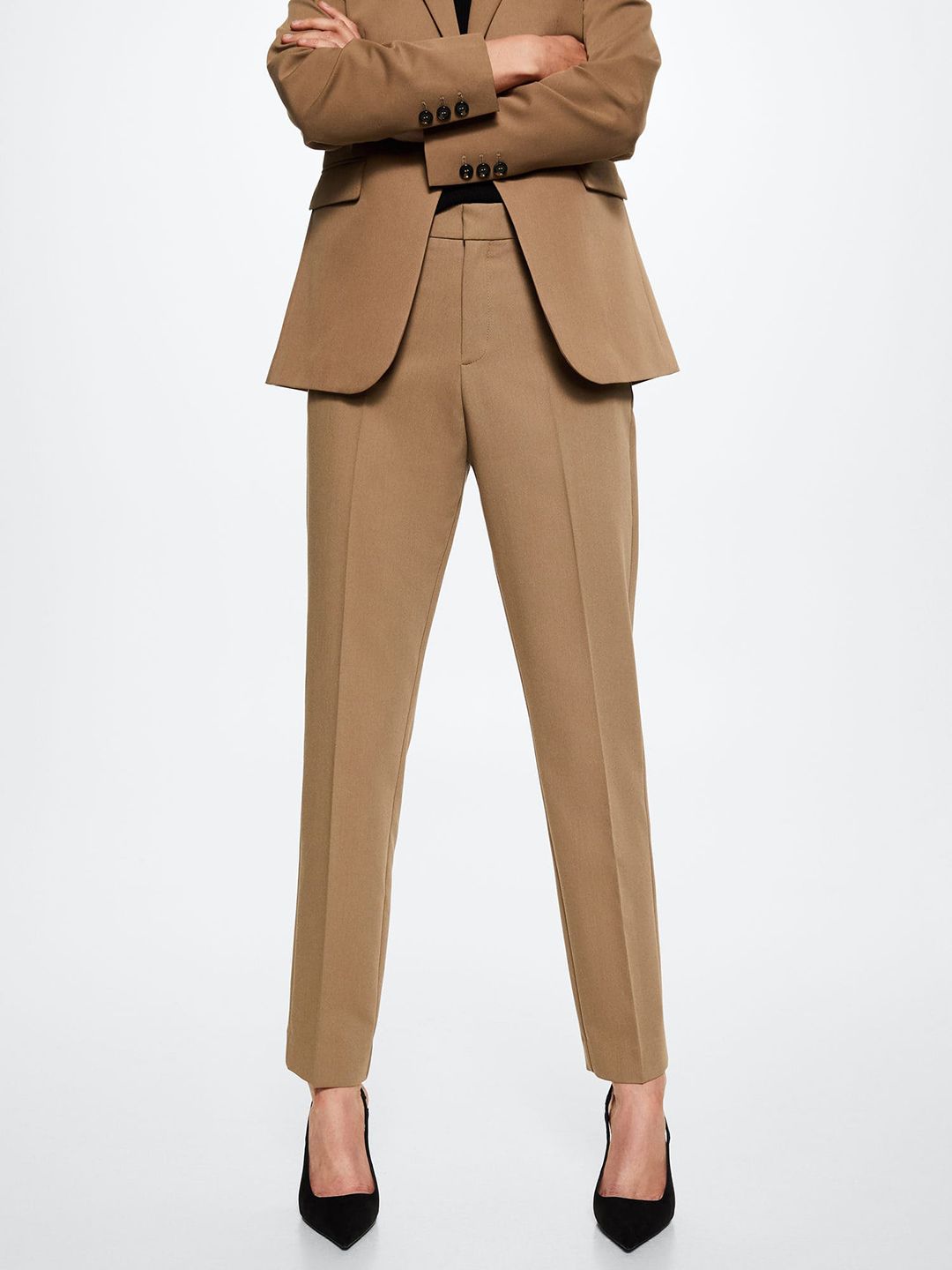 MANGO Women Beige Solid Slim Fit Trousers Price in India