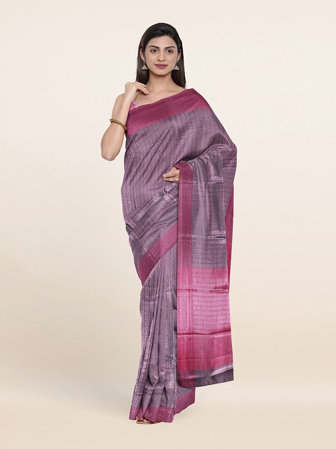 Pothys Grey & Silver-Toned Woven Design Zari Brocade Saree Price in India