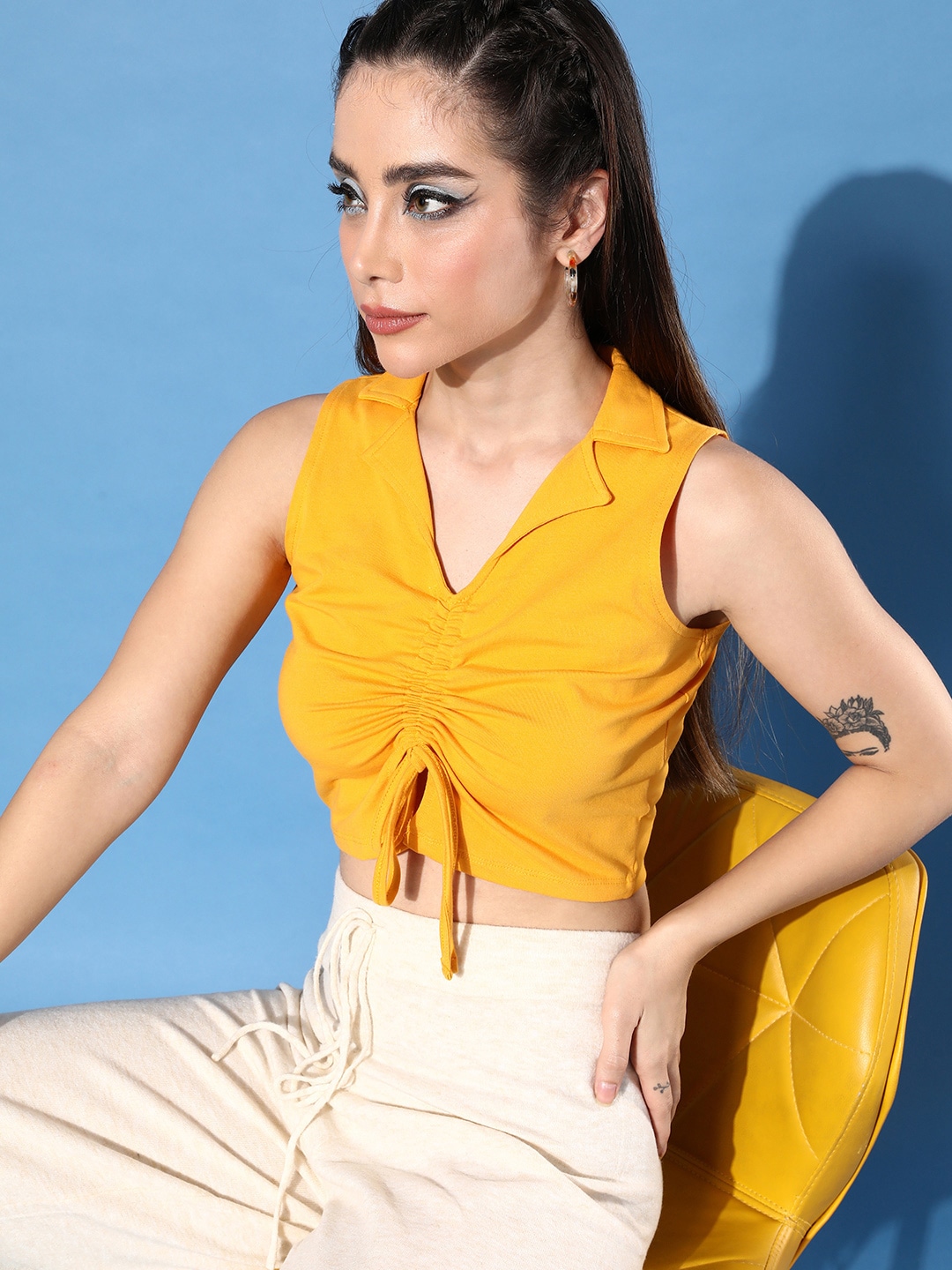 People Yellow Solid Ruched Crop Top Price in India