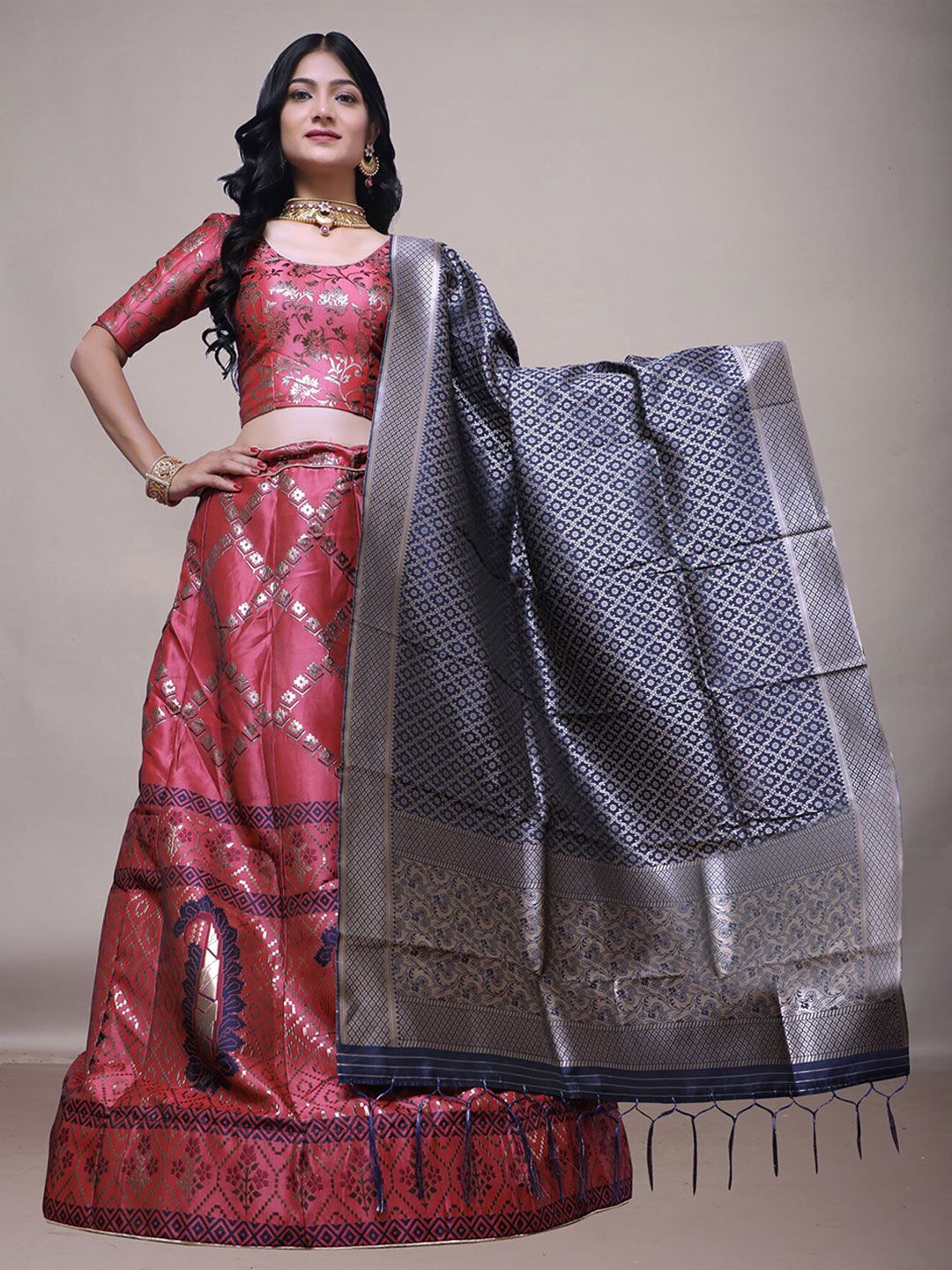 Ekta Textiles Magenta & Blue Semi-Stitched Lehenga & Unstitched Blouse With Dupatta Price in India
